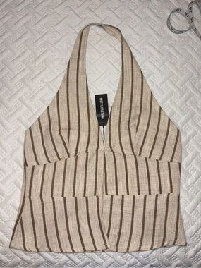 PrettyLittleThing | NWT Beige and Brown Striped Halter Crop Top